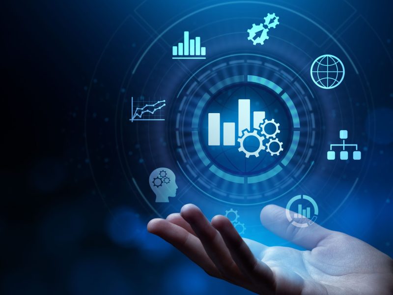 Business analytics big data analysis technology concept on VR screen
